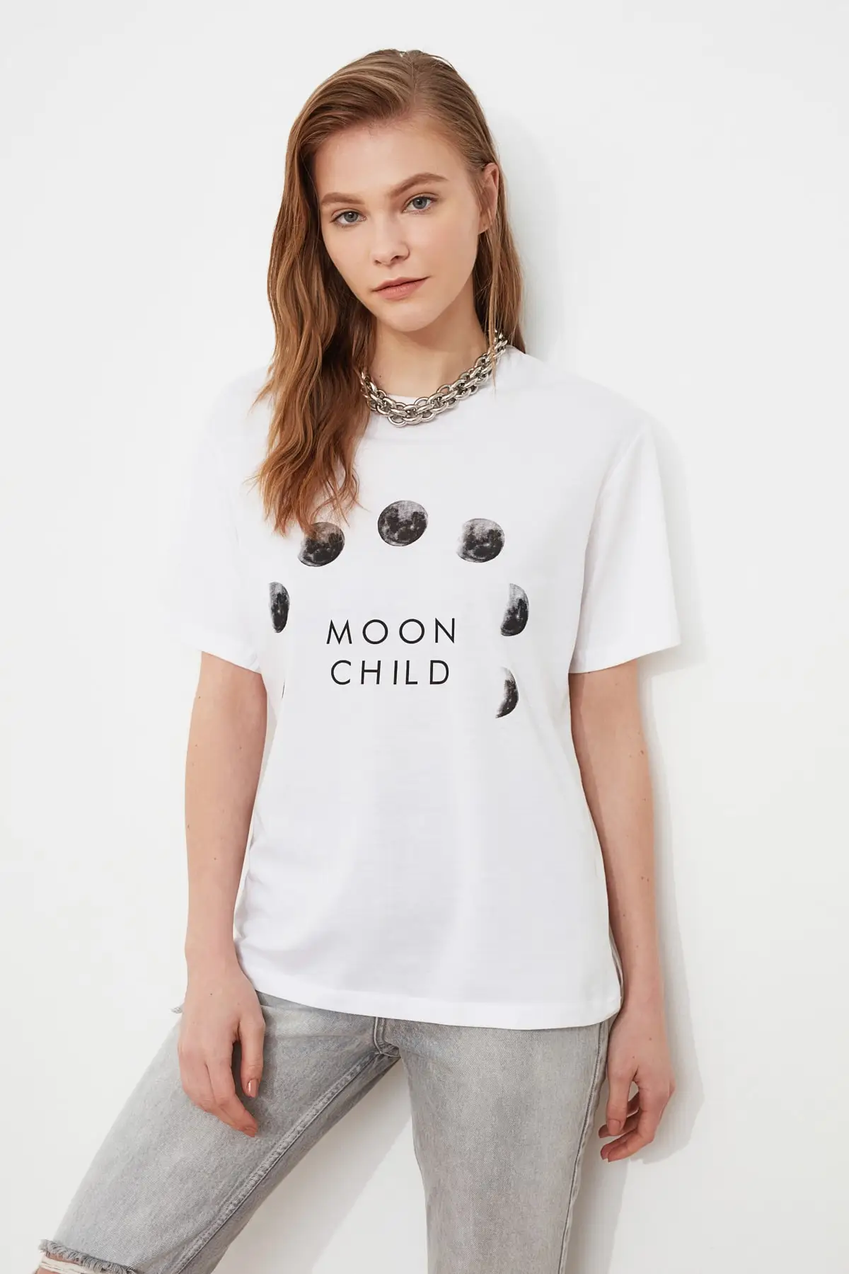 Trendyol White Printed Boyfriend Knitted T-shirt TWOSS19GS0087 | Женская одежда