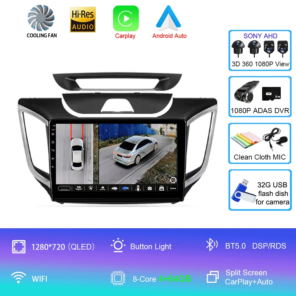 

Android 15 для Hyundai Creta IX25 2015-2019 Автомобильный радиоприемник с навигацией GPS Мультимедийный плеер Стерео Wi-Fi + 4G Carplay Auto BT DSP