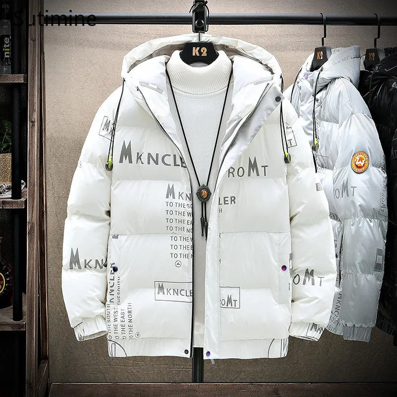 Coat Men Winter Casual Zipper Thickened men's letter bright printed down cotton padded jacket Hooded Loose Winter Coat Men