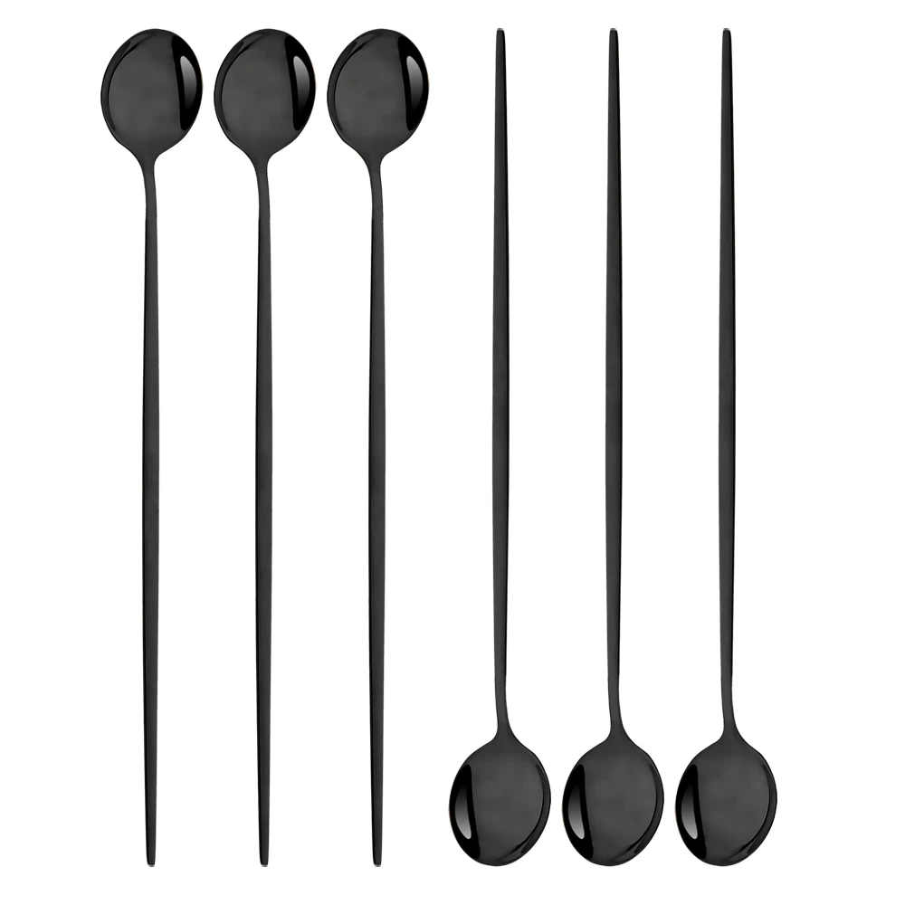 6Pcs Black Long Spoon Tableware Set Ice Cream Scoop Dinnerware Set Bar Spoons Kitchen Tools Juice Coffee Stirring Cutlery Set