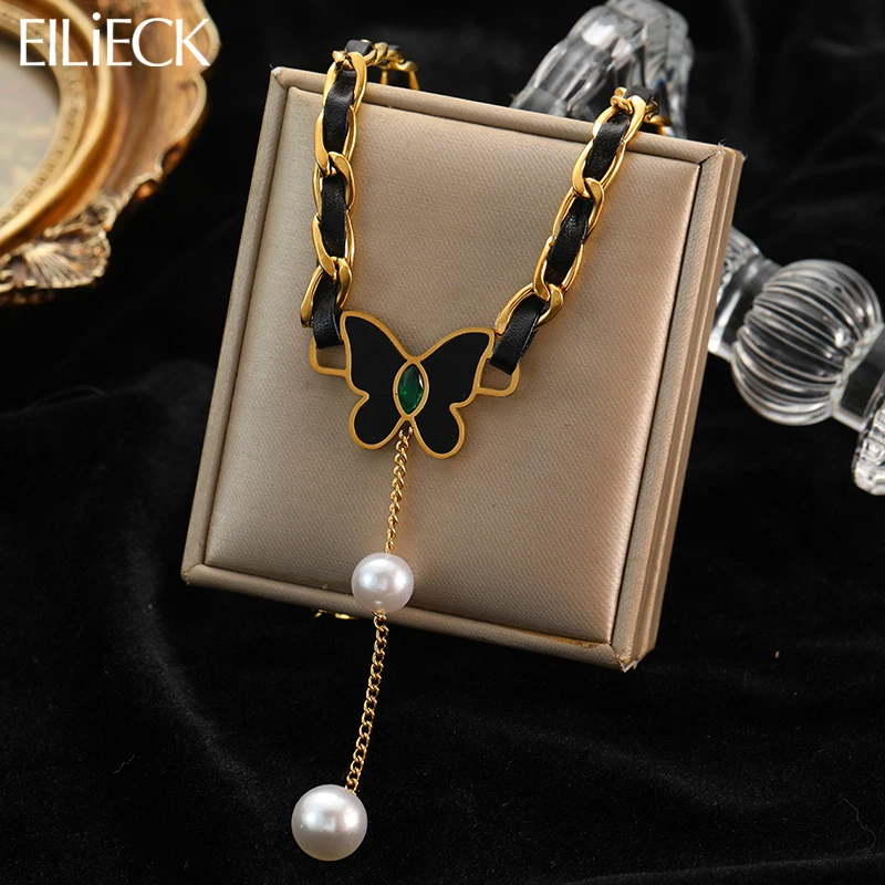 

EILIECK 316L Stainless Steel Butterfly Pearl Tassel Pendant Necklace For Women Leather Chain Choker Non-fading Jewelry Gifts