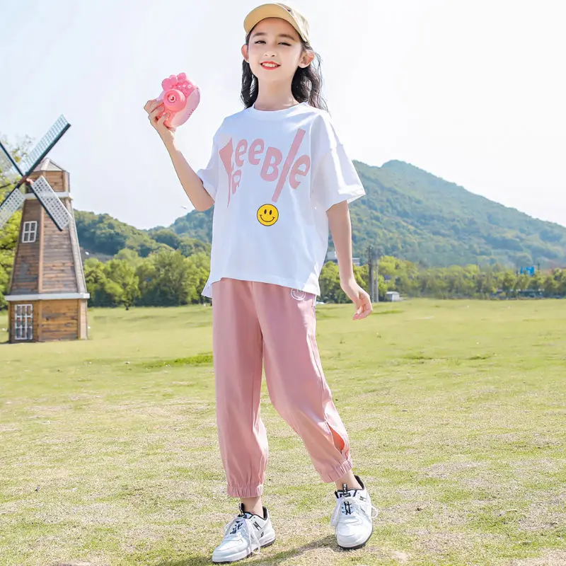 

Детская спортивная одежда, костюм, новинка 2022 года, весенне-летний хлопковый Повседневный свитер для девочек с круглым вырезом и надписью, костюм из двух предметов, 5 7 9 11 14 лет