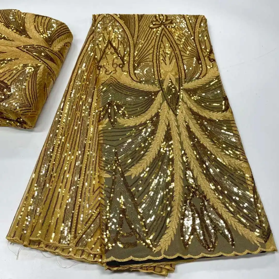 

Gold Lace African Net Lace Sequins African French Tulle Lace African Lace Fabric 5Yards Nigerian Lace Fabric For Wedding JYW1-1