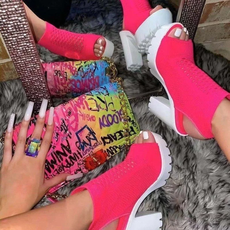 

2022 Women New Mesh Thick-heeled Fish Mouth Round-headed Large Size Fashion High Heels Women All-match Women Sandals