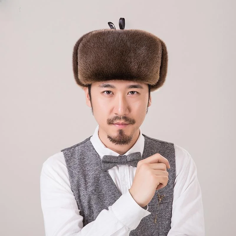 Импортная меховая шапка Lei Feng мужская старая из цельной норки кожаная теплая с