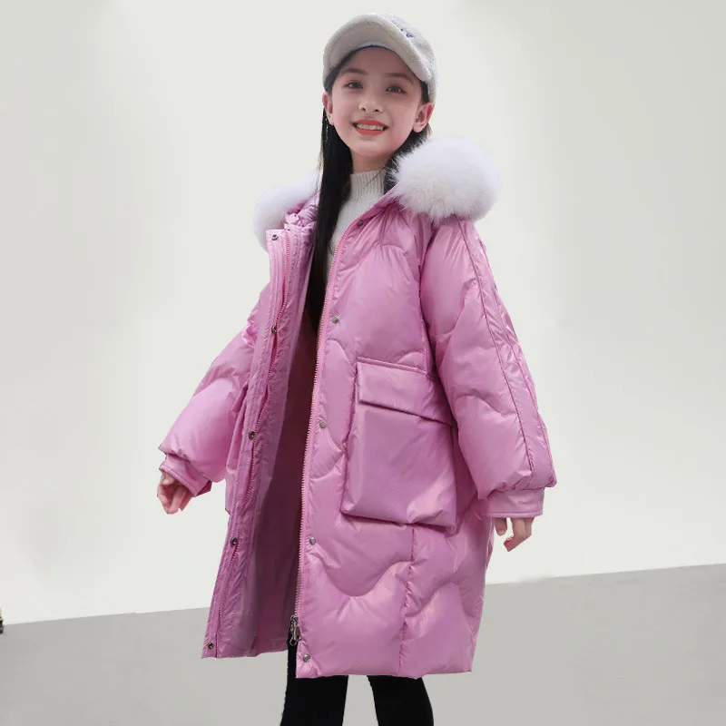 Girls Winter Coat 2022 Thick Warm Mid-length Casual Hooded Jacket for Kids Fur Collar Fashion Princess White Duck Down Parkas