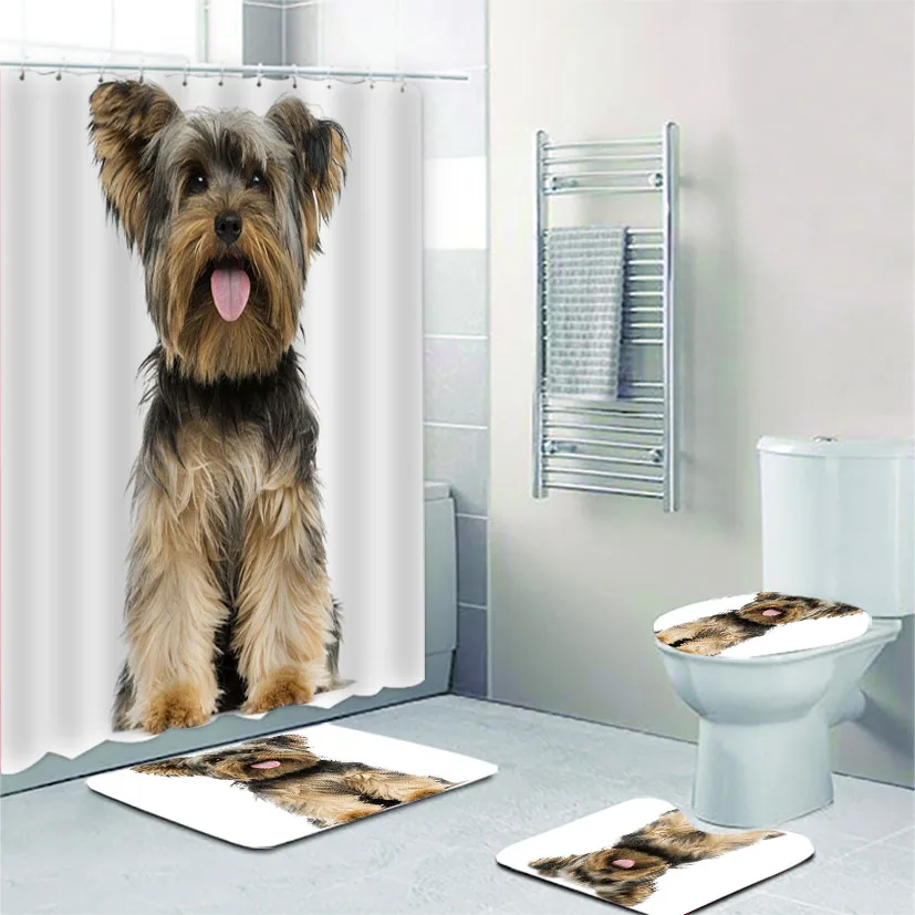 Funny Laughing Yorkshire Terrier Dog Bathroom Shower Curtain Set Sitting Yorkie Puppy Doggy Bath Mats Rugs Toilet Cortina Baño
