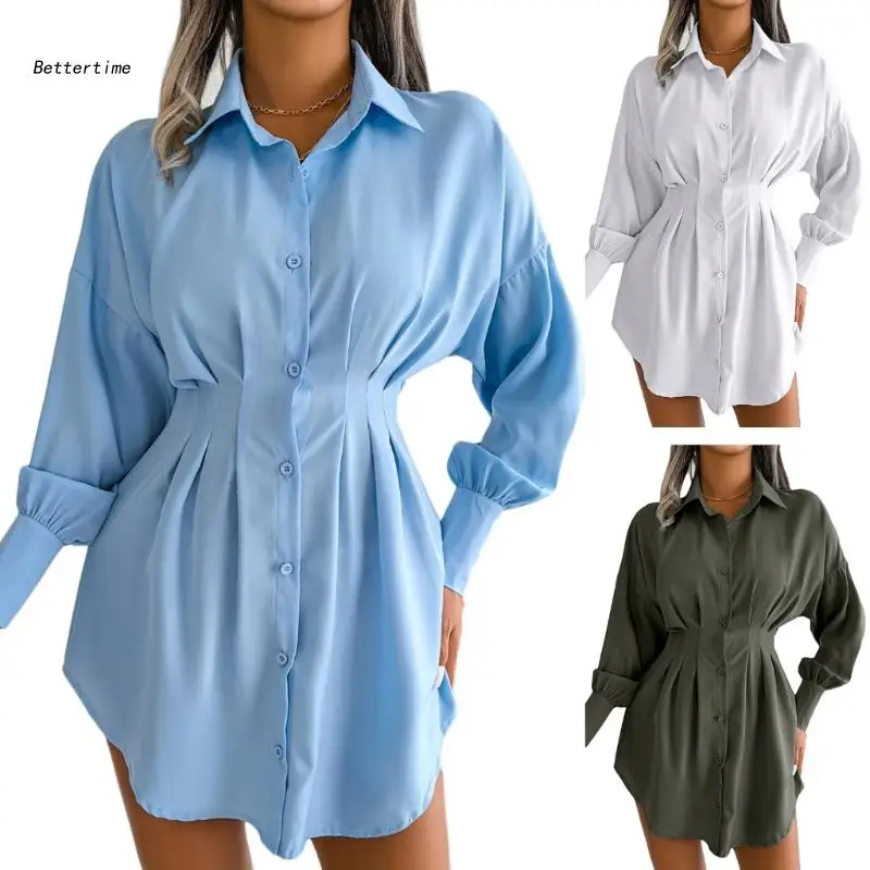 

B36D Teens Long Sleeve Shirt Dress Loose High Waist Woman Travel Lapel Neck Dress