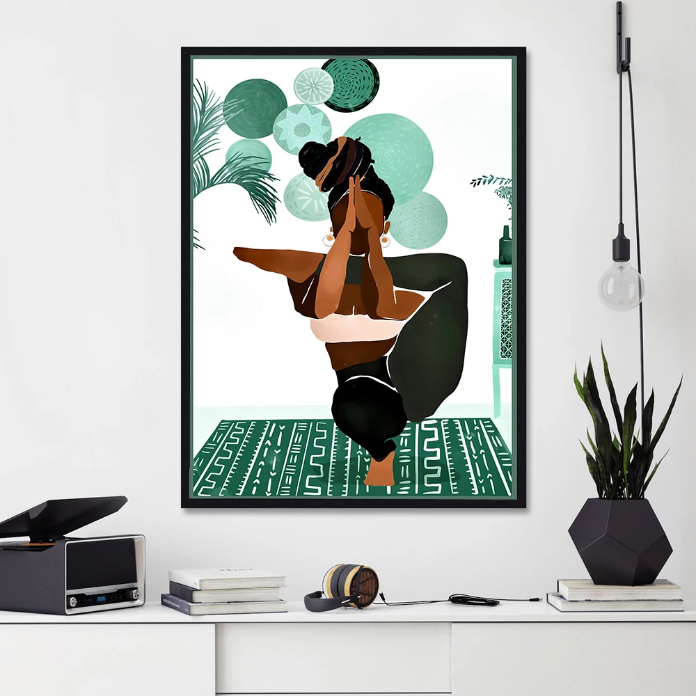 

Медитация фитнес тренировки меланин девушка черная женщина поза Йога настенное Искусство Живопись на холсте современный тренажерный зал С...