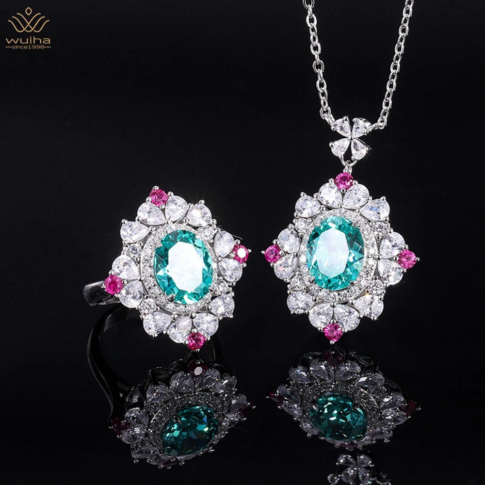 

WUIHA Luxury 925 Sterling Silver 8*10MM Sapphire Faceted Gemstone Ring/Pendant/Necklace Anniversary Fine Jewelry Set Wholesale