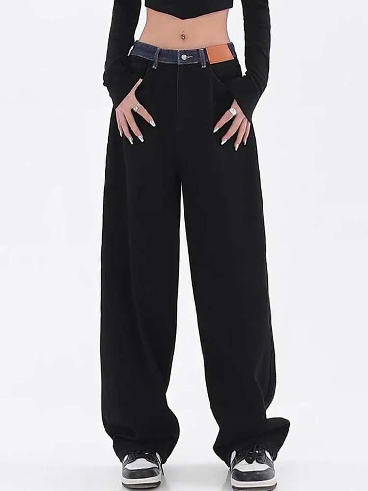 

Vintage High Waist Women Black Patchwork Jeans Korean Fashion Streetwear Wide Leg Jean Female Trouser Straight Baggy Denim Pants