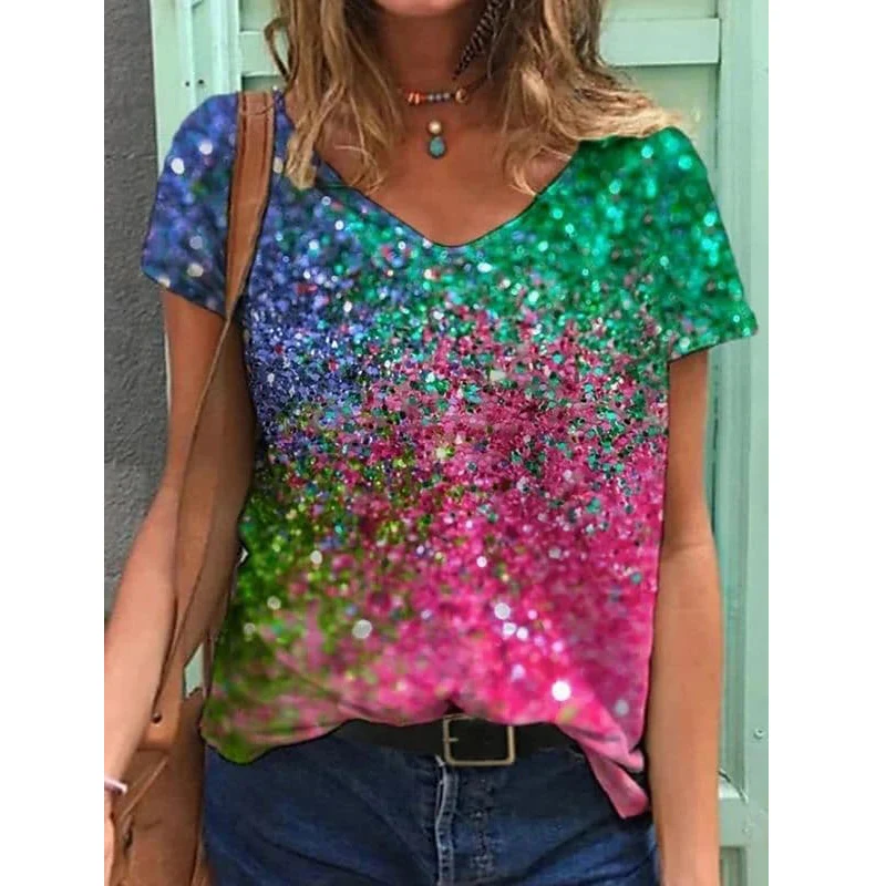 

Women's Floral Theme Painting T-Shirt Floral Colorblock Print Short Sleeve T-Shirt V-Neck Basic Top / 3D Printing 2022
