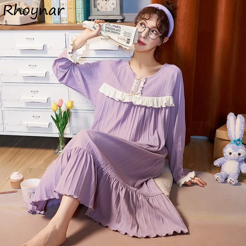 

Nightgowns Women Ruffles Homewear Lovely Plus Size Loose Kawaii Printed O-Neck Long Sleeve Casual College Mid-calf Harajuku Cute