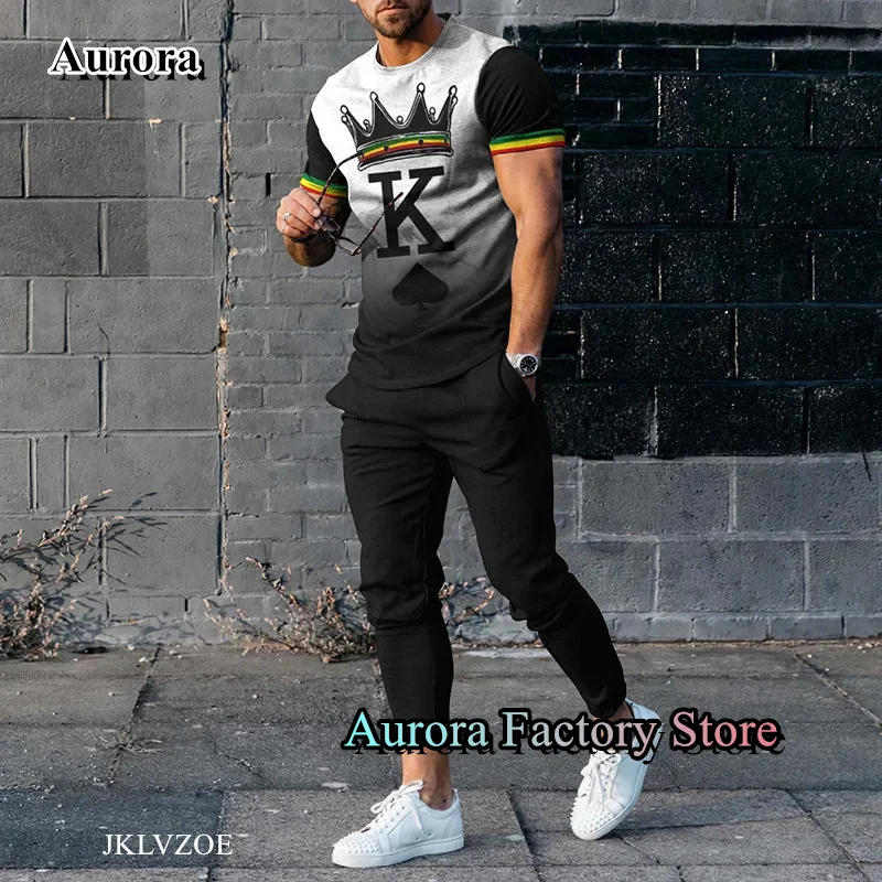 Summer Men K Printed Tracksuit King Pattern T-Shirt Trousers Set Casual Jogging Suit Fashion Outfit Male Oversized Streetwear