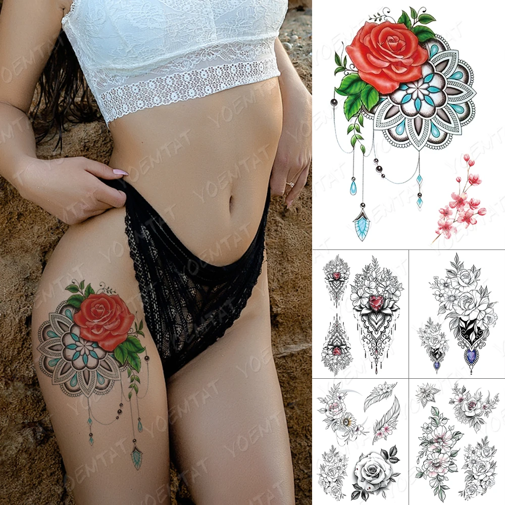 

Sexy Flower Waterproof Temporary Tatoo Sticker Rose Sun Flower Leaves Gem Glitter Body Art 3D Fake Tattoo Men Women Leg Tattoos