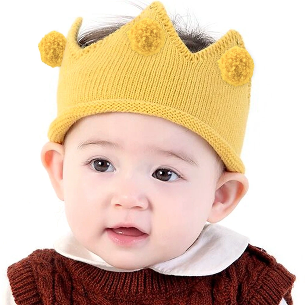 

New Crochet Crown Kids Hat with Round Hairball Knitted Baby Girls Tiara Hedging Birthday Cap Photography Props Hair Accessories