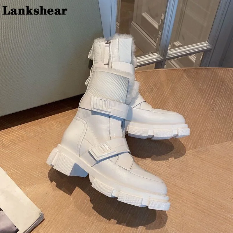 2022 New Thick Bottom Wool Mid-Tube Boots Female Leather British Windmill Boots Plus Velvet Snow Boots Wool Thermal Boots