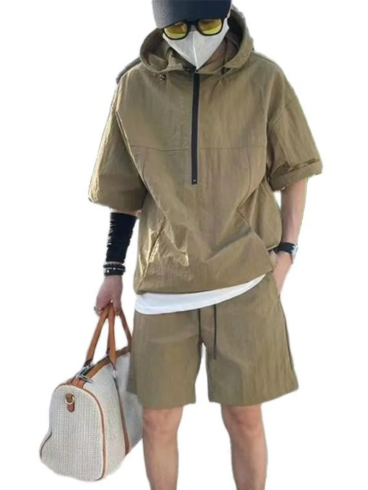 2Pcs Men Summer Tracksuit Shorts Set Hooded T Shirt Zipped + Matching Shorts Solid Cargo Large Size Casual Suit 4XL Male Clothes