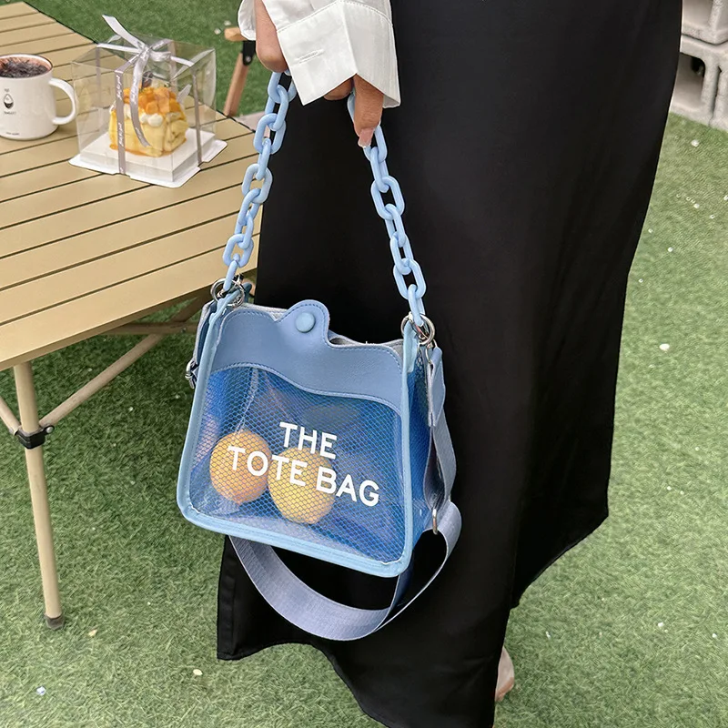 FUNMARDI Summer Mesh Transparent Bags For Women 2023 Beach Jelly Bag Letter Shoulder Messenger Bag Chain Handle Handbag WLHB3324