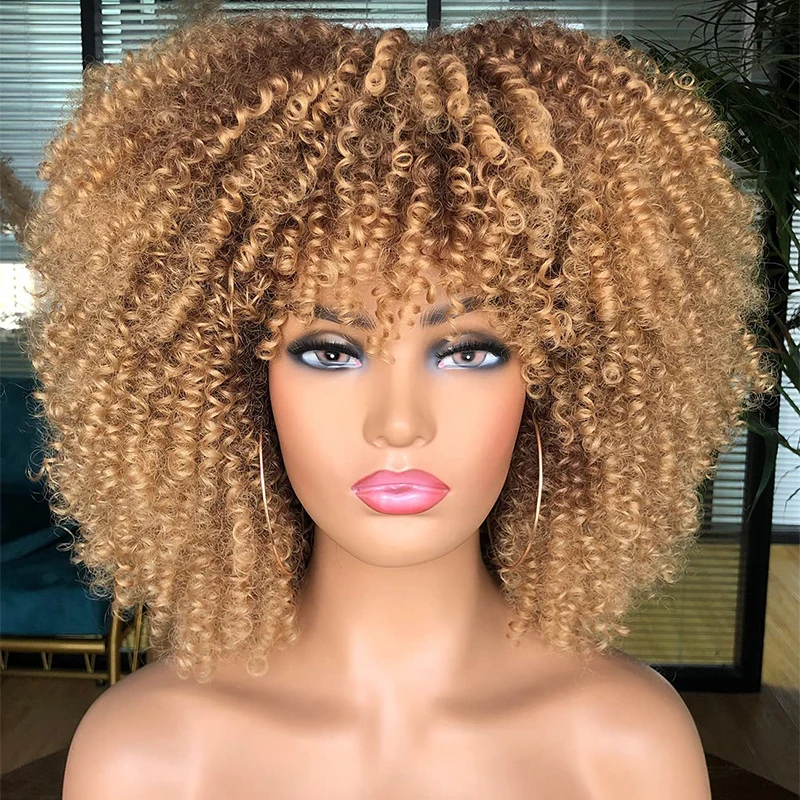 

Honey Blonde Kinky Curly Women's Wig Natural Red Short Afro Curly Bob Wigs with Bangs Synthetic Ombre Brown Cosplay Wig Perruque