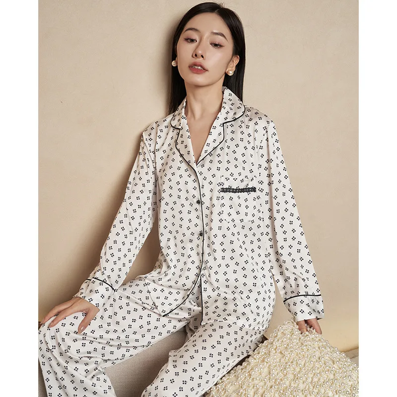 2023 New Arrival Spring and Autumn Lace Small Four-Leaf Flower Ice Silk Pajamas Women's Long-Sleeved French-Style Outdoor Home
