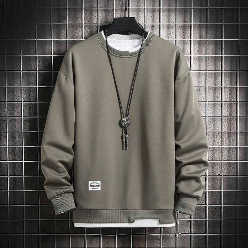 

Mens Casual Sweatshirts Hoodie Men Fake Two Pieces Multi Color O-Neck Fashion Harajuku Style Male Sweatshirt 2021 New Streetwear
