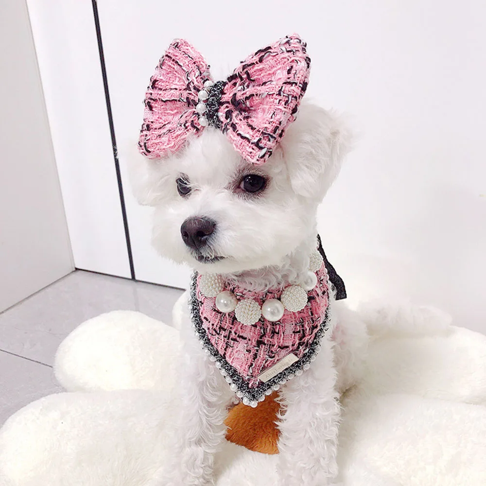 

Cute Dog Bib Delicate Pearl Pet Triangle Scarf Cat Puppy Chihuahua Yorkshire Dog Accessories Bow Tie Small Dog Pet Hairpin Set