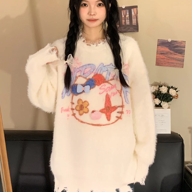 

Kawaii Sanrio Hello Kitty Sweater Cartoon Animation Autumn and Winter Clown Pattern Raw Edges Ripped Holes Knitted Sweater Top
