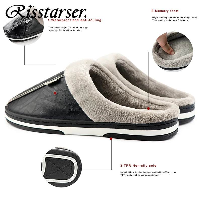 PU Leather Home Slippers For Women 2022 Waterproof Plush Soft Warm Indoor Winter Man Slippers Big Size 50 Non Slip Unisex Shoes