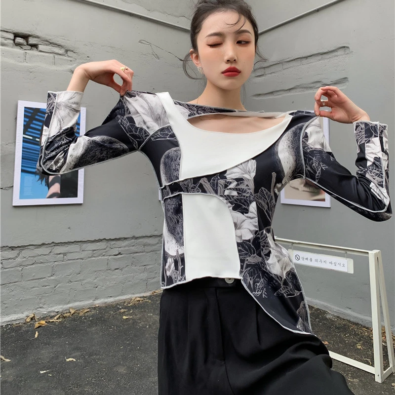 

ZCSMLL модная летняя женская футболка с принтом, вышитая подкладка, квадратный воротник, длинный рукав, сексуальная женская футболка, весна-лето 2022