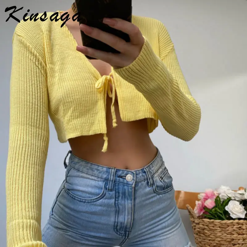 

Винтажный Укороченный кардиган Y2k в стиле 1920-х, сексуальные кавайные вязаные свитера на шнуровке с V-образным вырезом, милая уличная одежда, ...