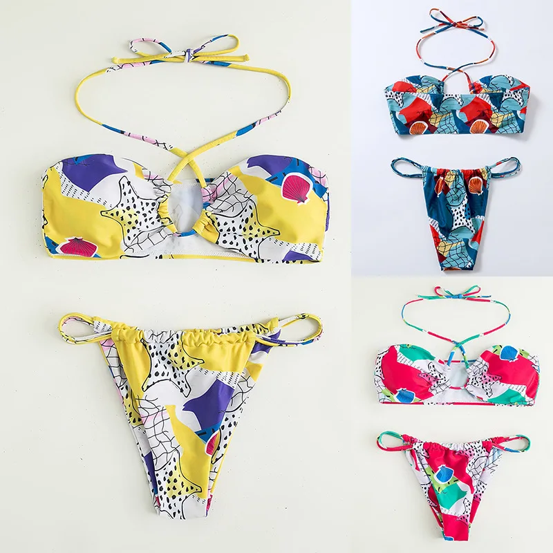 

Halter neck print bikini suit 2022 new sexy high waist slim European and American swimsuit women