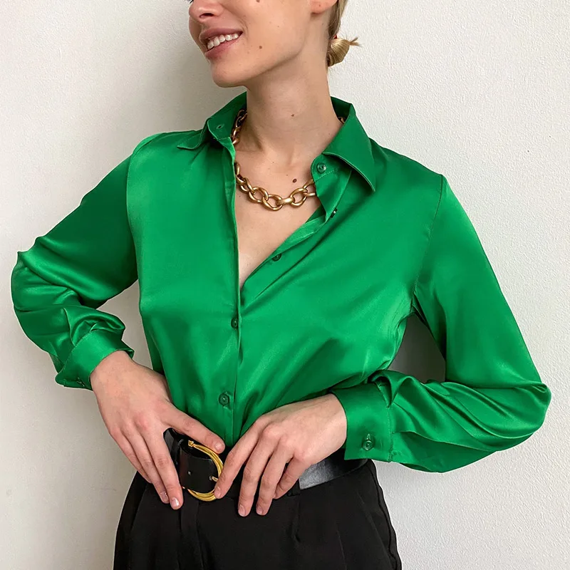 

Satin Women's Shirt Polo Collar Elegant Office Lady Shirts Women Tops 2022 Spring Summer Irregular Hem Long Sleeve Top Female