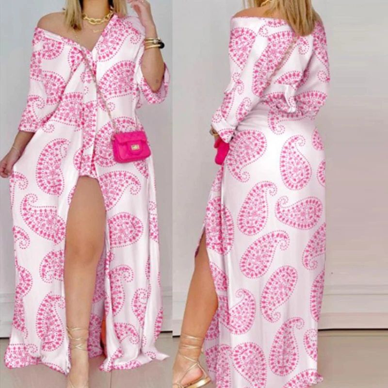 

Женское платье-кардиган с принтом, однобортное пляжное свободное платье с разрезом, длинный сарафан на каждый день, лето 2022