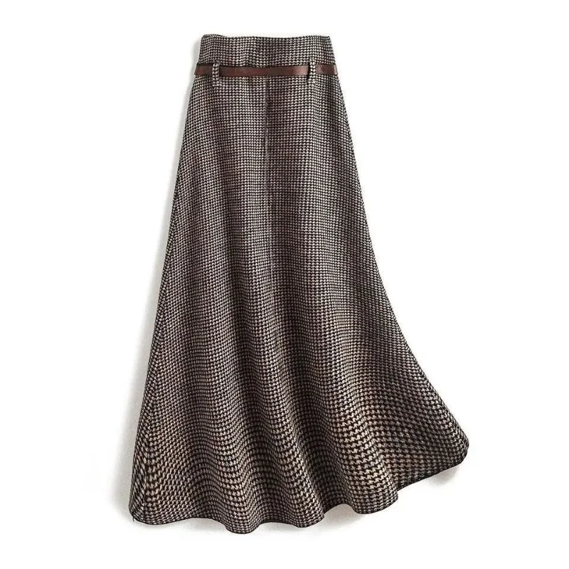 Houndstooth Design a Swing Woolen Skirt Women 2023 Autumn Winter New Versatile Fashion Slimming Casual Skirt Women