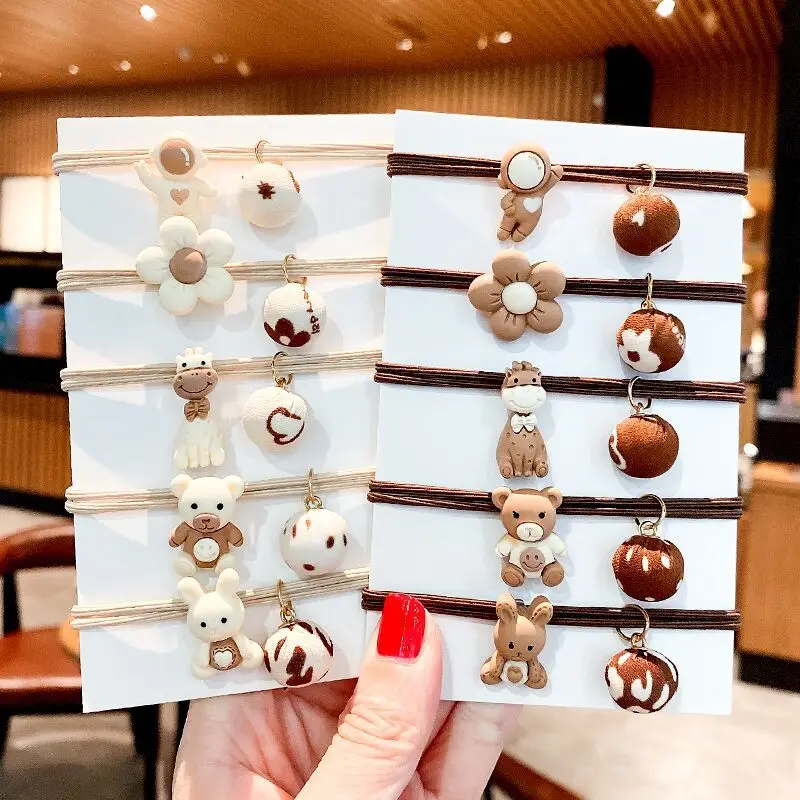 

5PCS/Set Cartoon Cute High Elasticity Animal Elastic Hair Bands Plastic Bear Flower Rubber Hair Ties Rope Women Girls Gum Rope