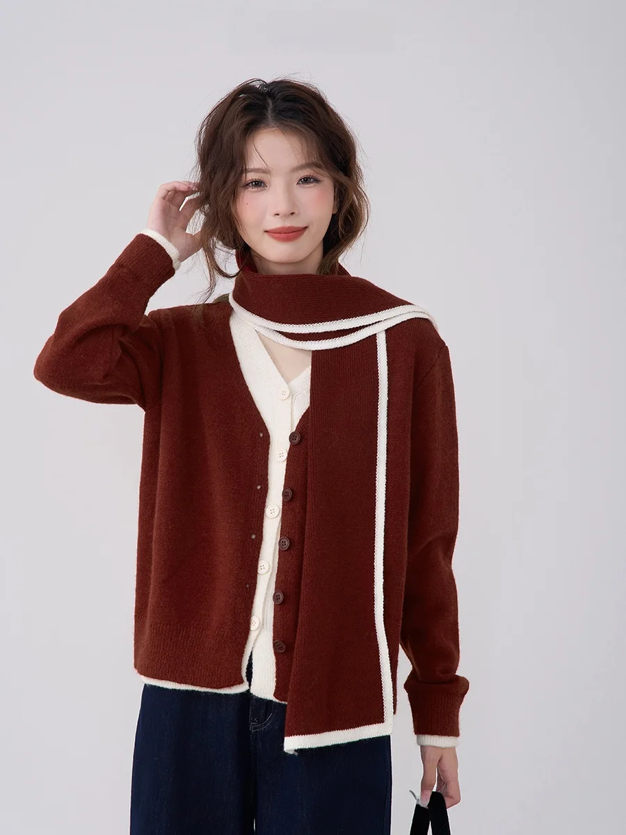 Hanada Showcase Htmeme October Sea контрастного цвета с v-образным вырезом искусственный вязаный