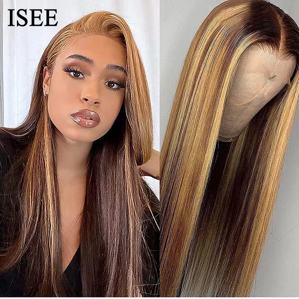 ISEE HAIR Wig Highlight Straight 13x4 Lace Front Human Hair Wigs 4X4 Lace Closure Wig 4/27 Ombre Peruvian Straight Lace Wigs