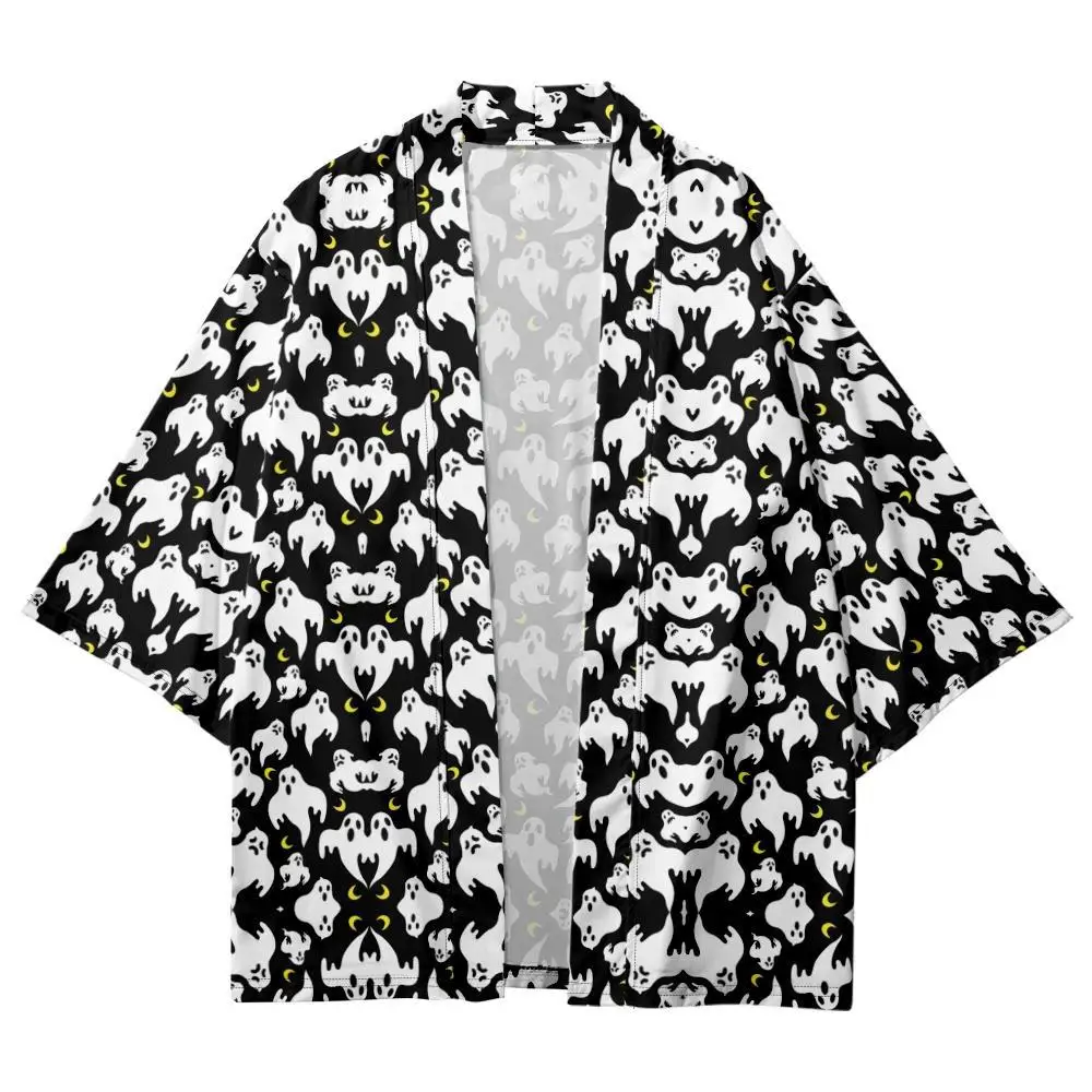 

Summer Men Women Looser Cardigan Japan Cartoon White Ghost Printed Kimono Beach Shorts Yukata Clothing Harajuku Haori