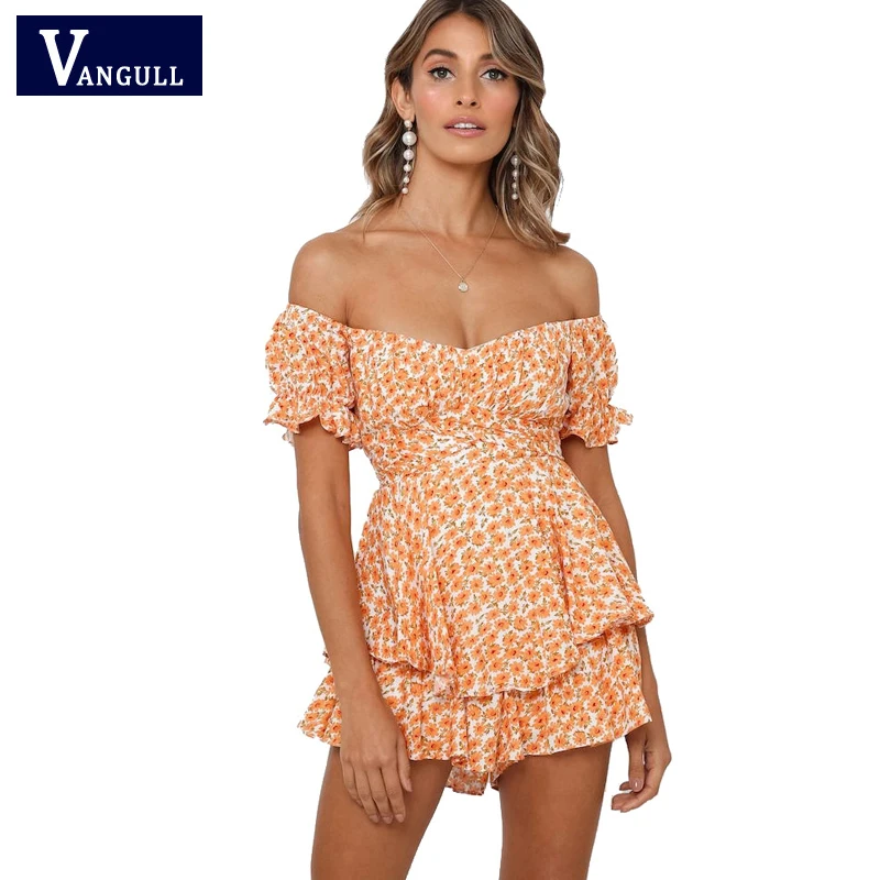 

Vangull Sexy Orange Print Playsuits Women Short Sleeve Bow Summer New Female Rompers One Collar Ruffles Zipper Ladies Playsuits