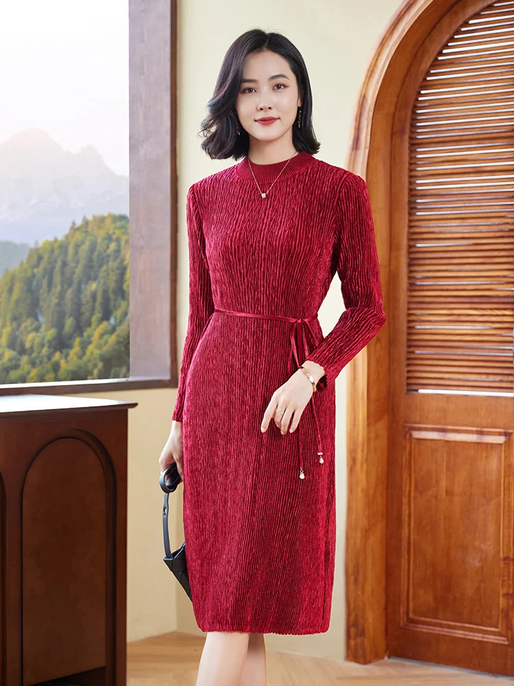 

Женское Плиссированное бархатное платье Miyake, элегантное платье с длинным рукавом и воротником-стойкой, длинная юбка