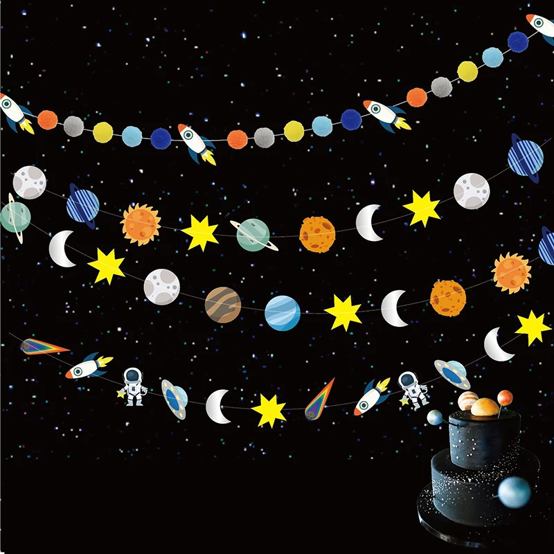 

Outer Space Theme Banner Party Decorations Rocket Galaxy Paper Pull Flowers Flag Birthday Kids Gifts Party Decorations Bunting