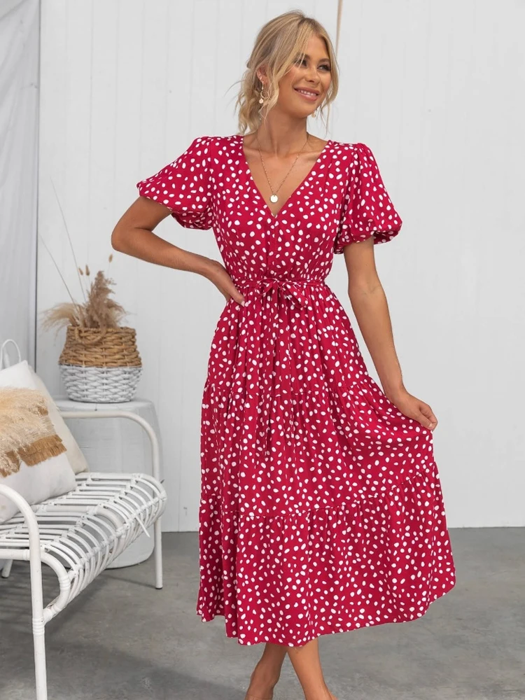 

Women Casual All Over Print V-neck Puff Sleeve Vacation A-line Midi Dress