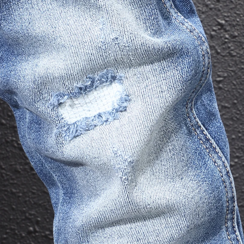 Italian Style Fashion Men Jeans Retro Light Blue Stretch Slim Fit Ripped Jeans Men Vintage Designer Casual Denim Pants Hombre