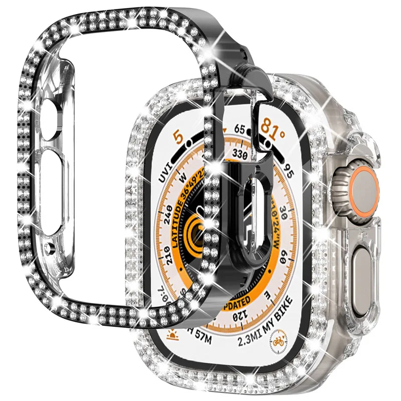 Double Row Diamond Cover For Apple Watch Ultra 49mm Accessories iWatch series7 6 5 SE Protective Case 45mm 41mm 44mm Shell Frame