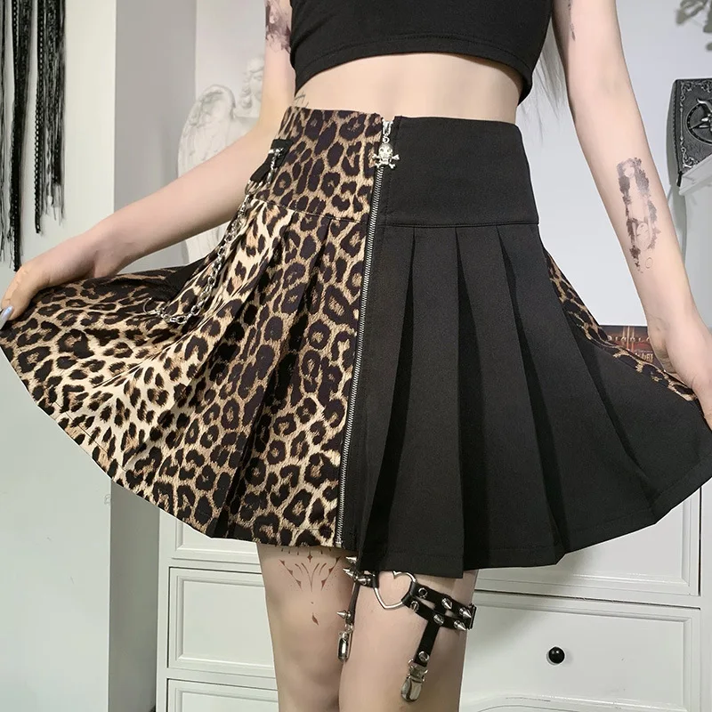 

Dark Leopard Printed Pleated Mini Skirts Contrast Stitching Zipper A-line Short Skirt 2022 American Sexy Summer Skirt SXHBSQ874