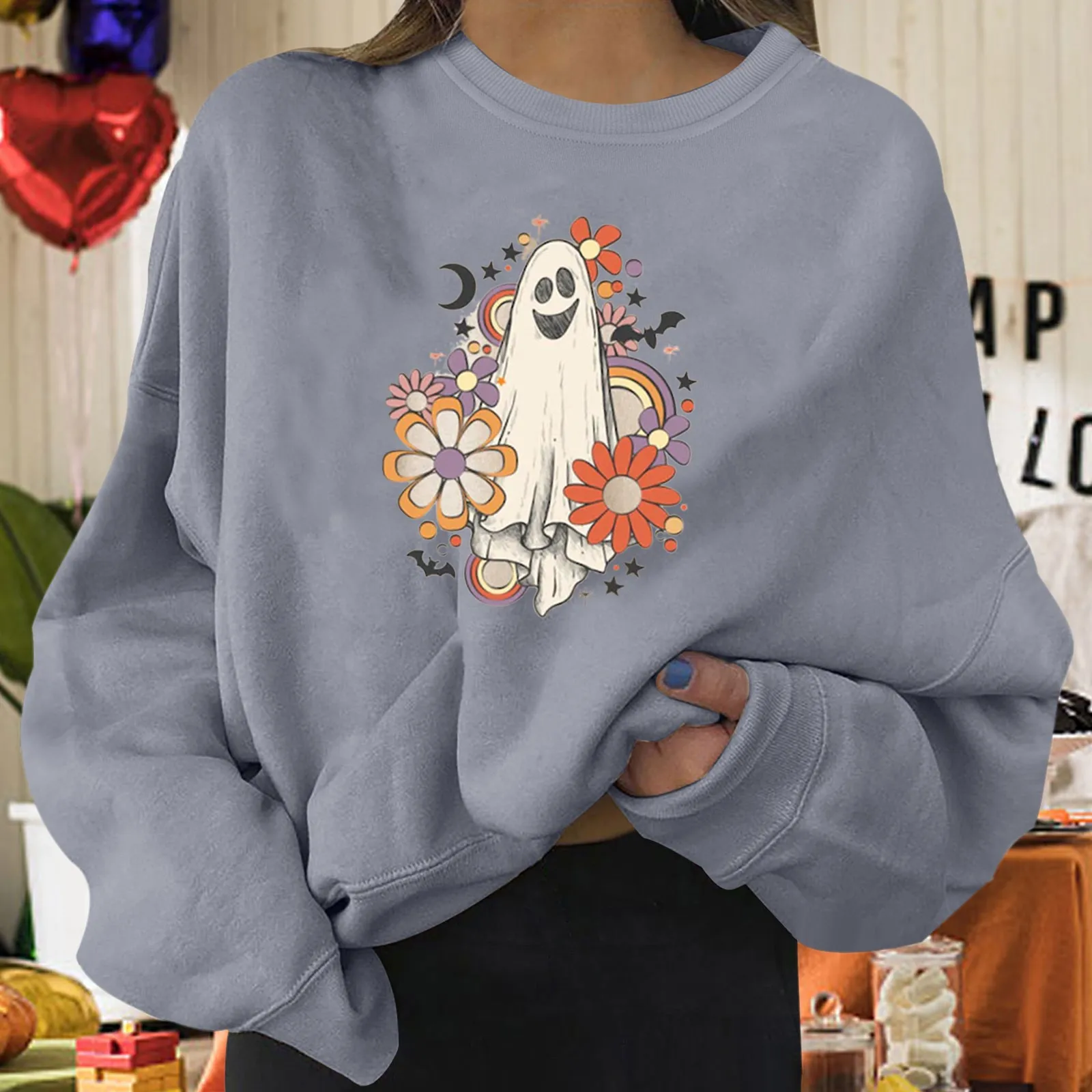 

Womens Halloween Print Sweatshirt Long Pullover Letter Print O Neck Printing Long Baggy Sweatshirt Dressy Christmas Sweatshirts