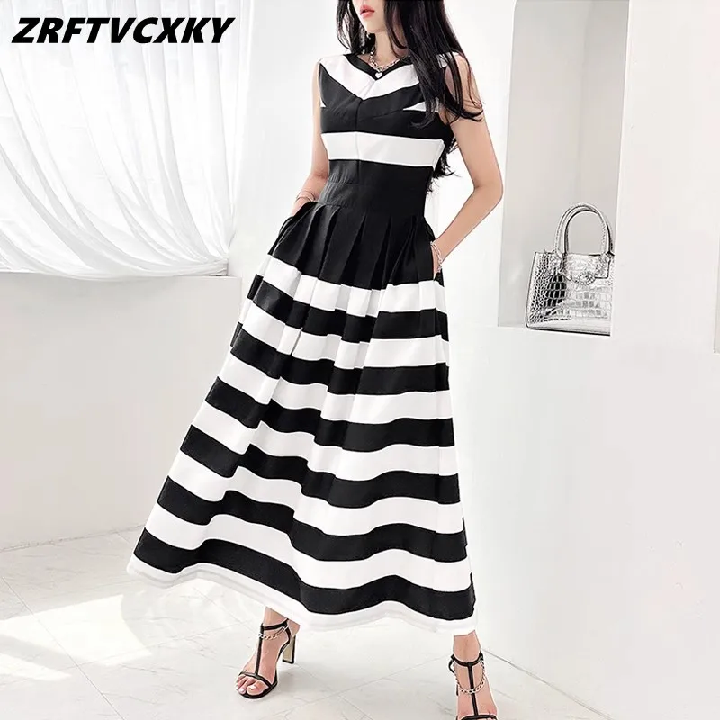 

Женское винтажное платье в полоску, черно-белое длинное платье составного кроя без рукавов с V-образным вырезом и широкой юбкой, лето 2019