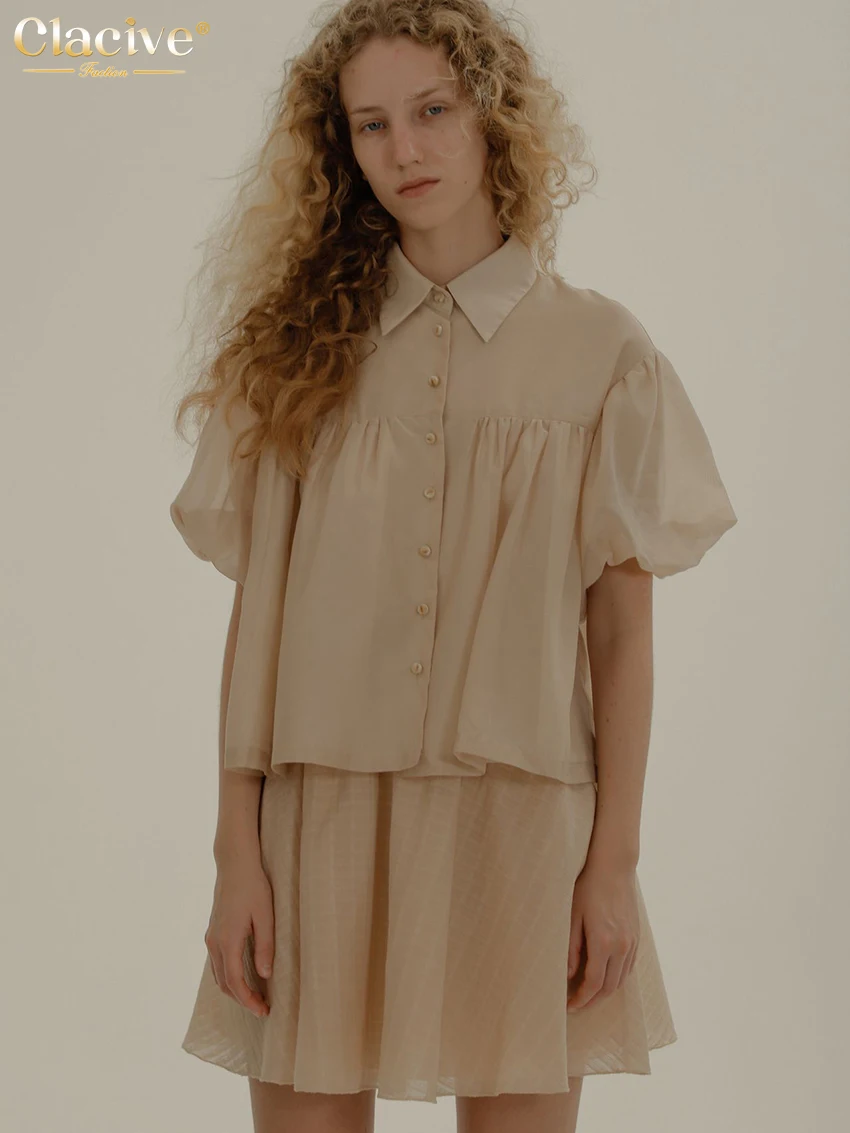 

Clacive Summer Lapel Brown Women's Blouse Casual Puff Sleeve Shirt Elegant Slim Solid Single-breasted Tops Female Clothing 2022