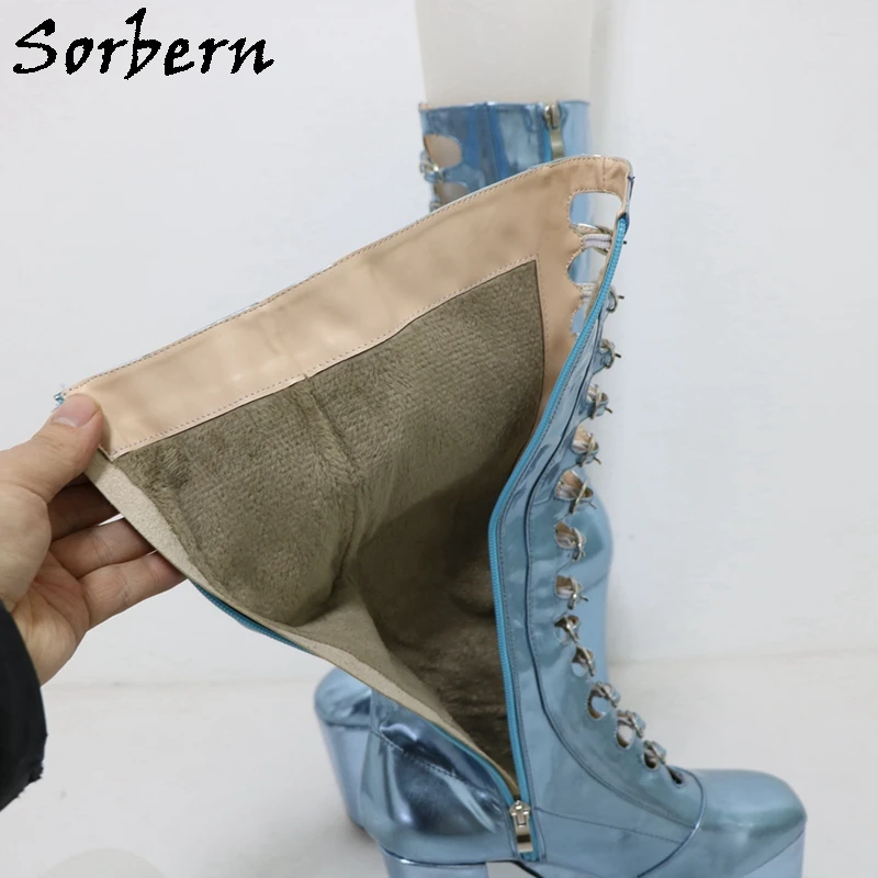 Sorbern Metallic Block Heel Boots Women Knee High Drag Queen Shoes Thick Platform Fetish High Heels Round Toe Hollow Out Front
